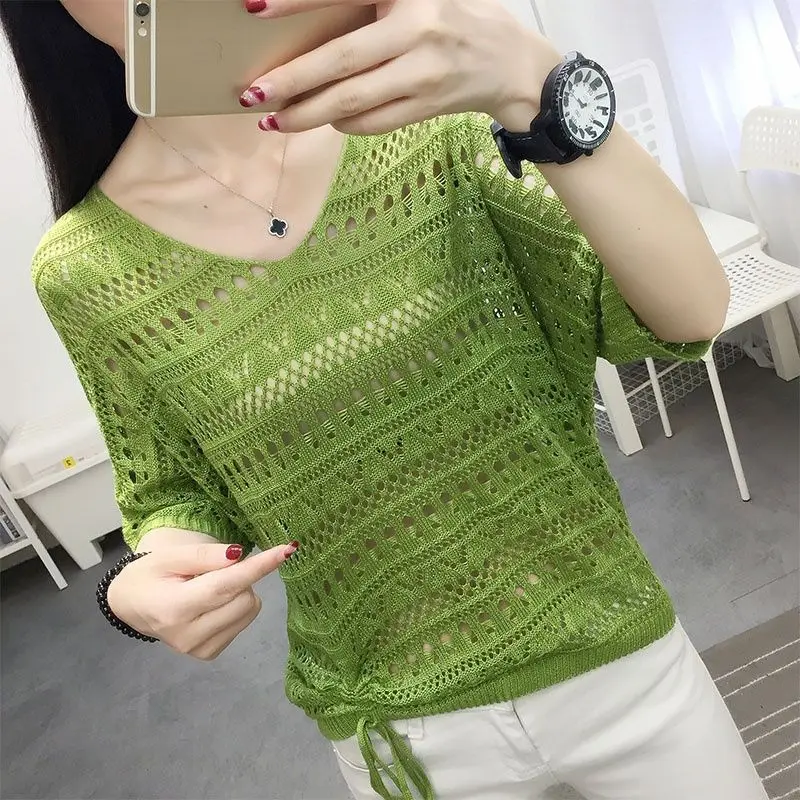 Hollow Out Knitwear for Women, Casual Tops, Simplicity, Office Clothes, Monochromatic, All-Match, Lady Fashion, Summer