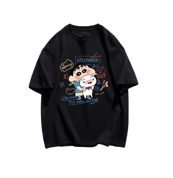 Summer Comic Style Crayon Shin Chan Print Pure Cotton Loose Casual T Shirt Y2K Mens Tops