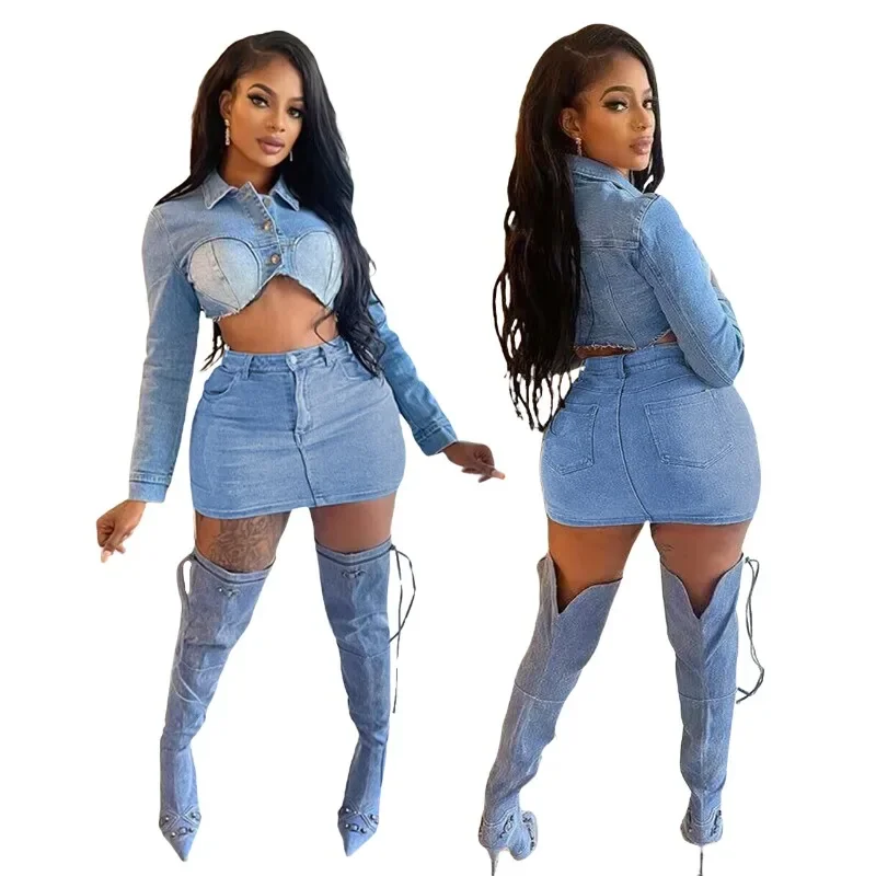 

Stretch Denim Two Piece Set Women Turn Down Collar Long Sleeve Single Breasted Crop Jackets Top Bodycon Mini Skirts Jeans Suit