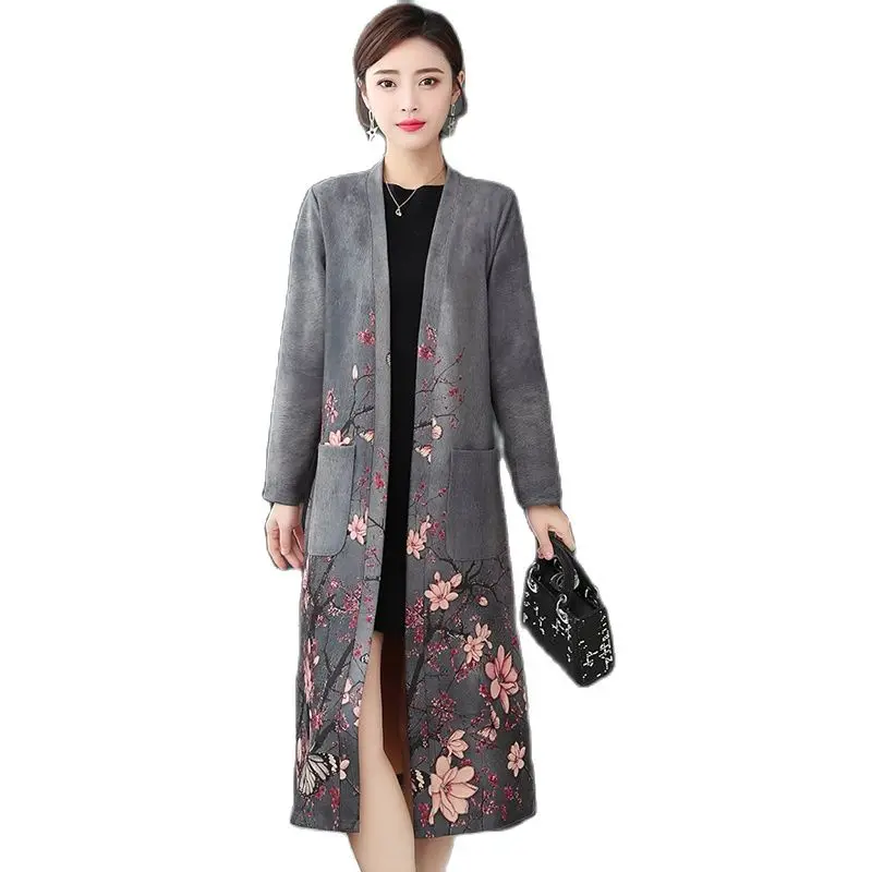 2022 Spring Autumn Suede Trench Coats Women\'s New Fashion Slim Printed Mid-long Outerwear Korean Slim Cape Cardigan Jackets J441