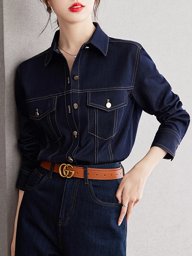 Casual Denim Shirts For Women 2024 Fashion Vintage Women\'s Long Sleeve Loose Shirt Korean Style Single-Breasted Tops