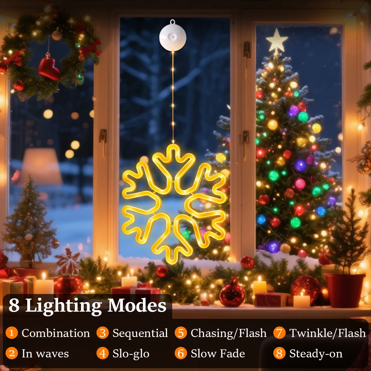 لافتة ضوء نيون LED جميلة على شكل ندفة الثلج في الهواء الطلق/داخلي، دافئة/متعددة الألوان مع أوضاع إضاءة 8/12 لساحة حفلات عيد الميلاد