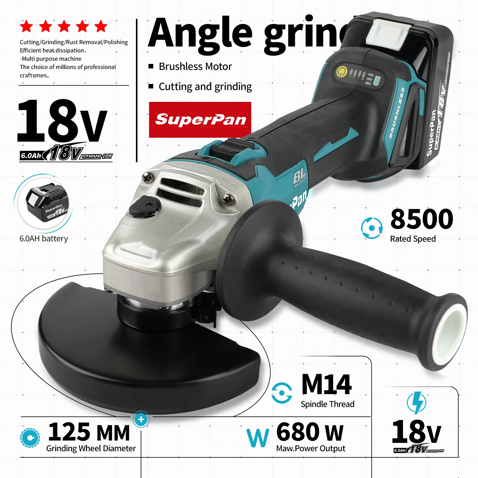 

DGA404 125 мм Бесщеточная угловая шлифовальная машина для резки 8500 об/мин Высокомощная полировальная машина для аккумуляторных контактов Makita 18 В