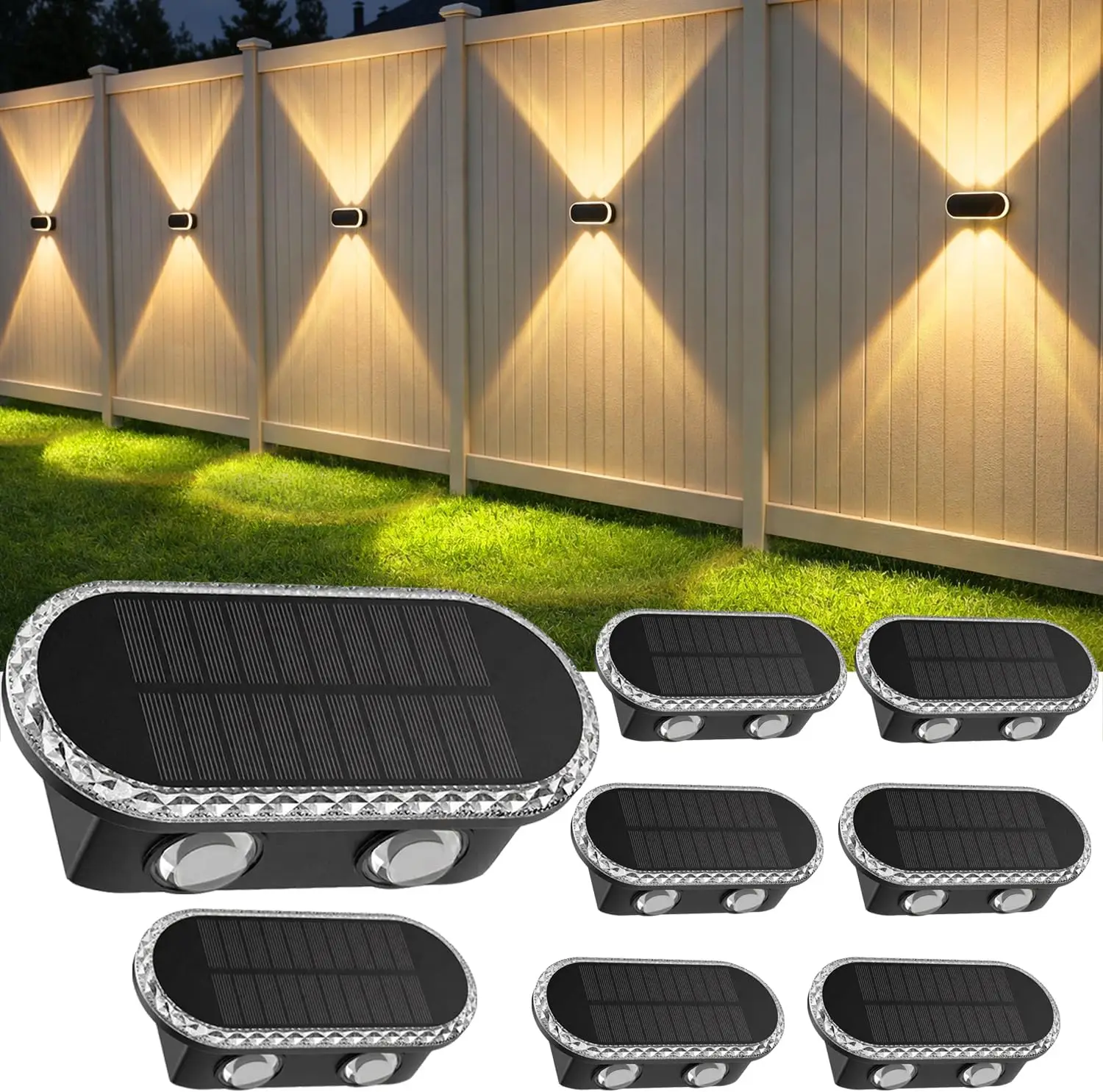 

Solar Fence Lights Outdoor: IP65 Waterproof, Dual LED Up Down, 3000K/4000K/6000K, Easy Install for Backyard Patio Porch 8 Pack