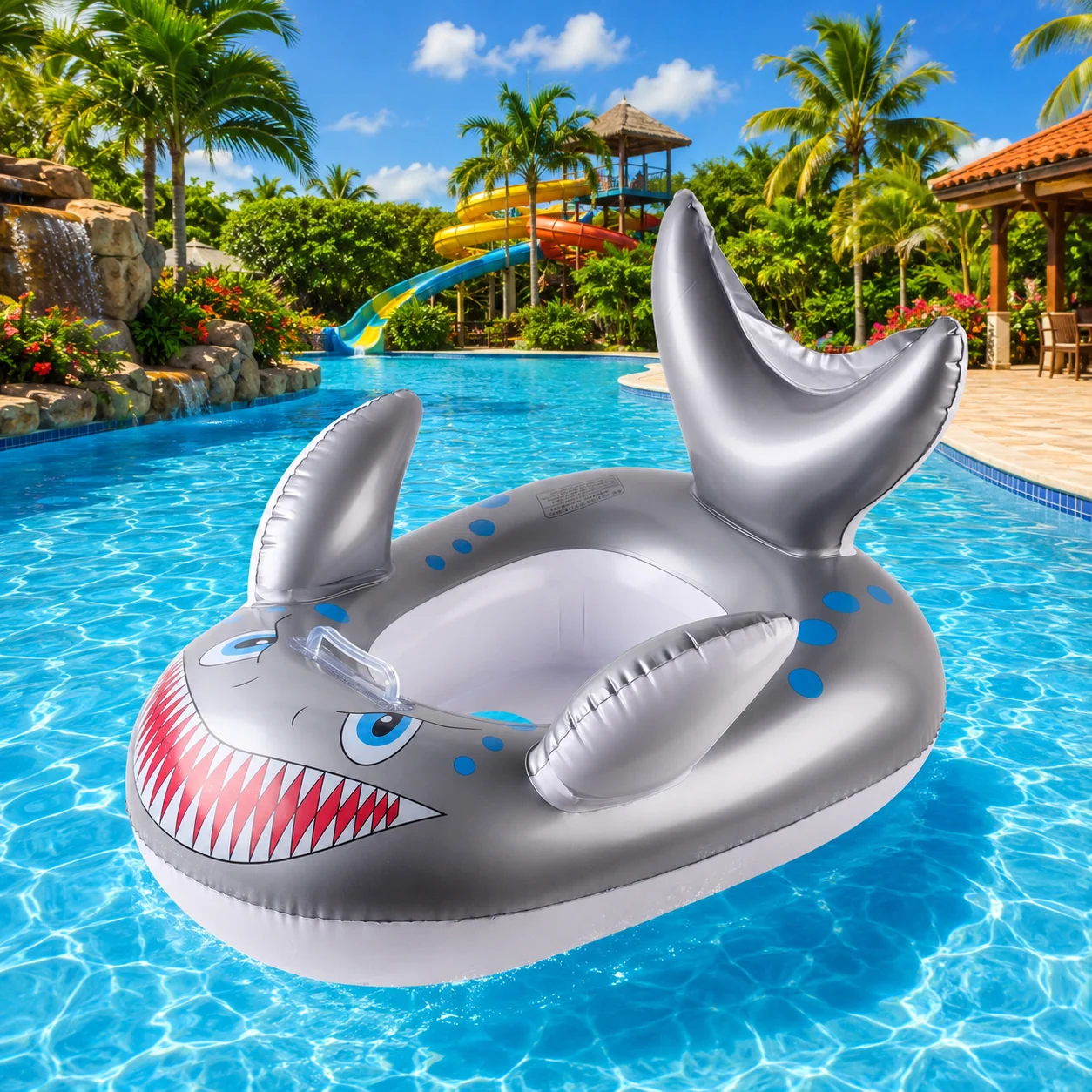 1pc Inflatable Shark Pool Seat Float with Canopy Sun Shade Water Seat Ring Lounge Chair Float with Handles Steering Wheel