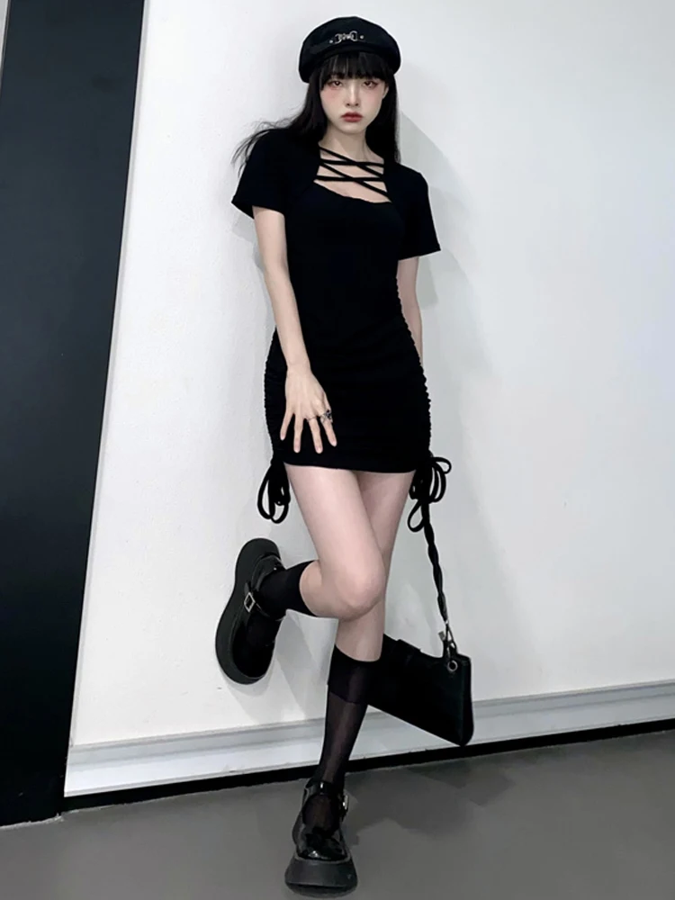 Streetwear Harajuku Diablo Stijl Zwart Mini Jurken Vintage Cross Hollow Out Vierkante Kraag Slim Korte Mouw Gesmokte Jurk