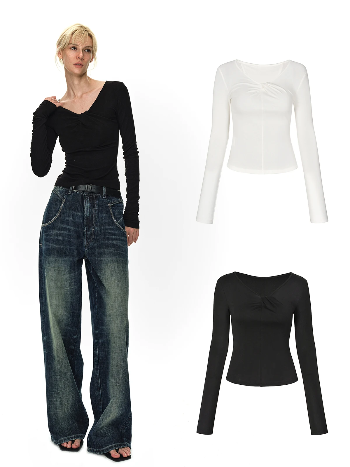 

Emp Page Bla Белая шерстяная трикотажная футболка приталенного кроя Elastic Base irt Casual Sle Long Sve round Ne Thin Model