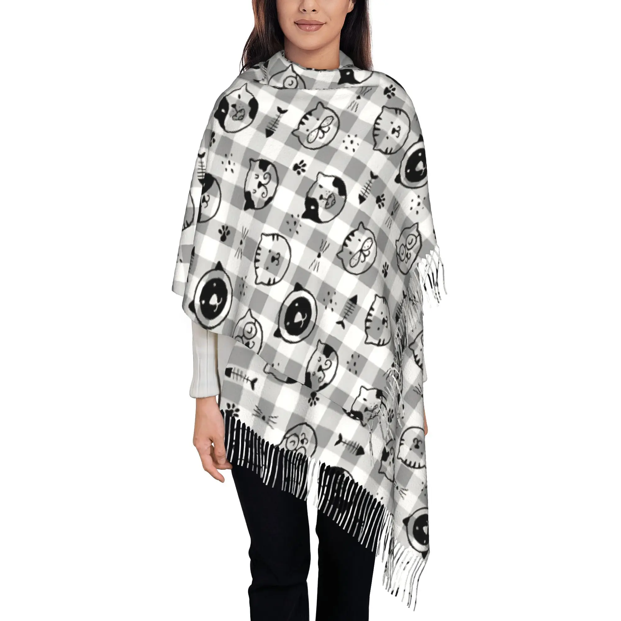 1 PC Monochrome Cat Graphic Autumn Scarf Women Winter Pashmina Shawls Warm Blanket Wraps  Female Thick Scarves