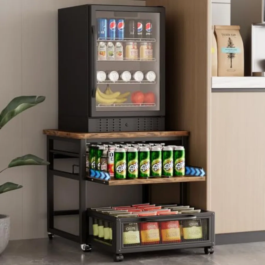 Home office storage solution: rustic brown heavy duty mini fridge table with pull-out shelf, lockable wheels, and drawer basket
