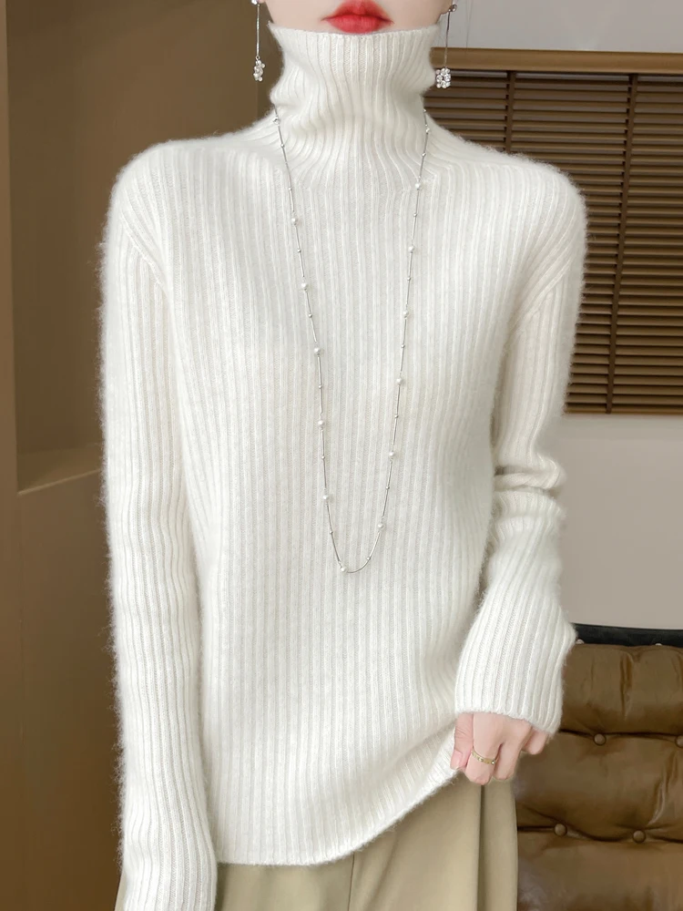 

Autumn Winter 100% Pure Wool Pullover Sweater Women's Turtle Neck Loose Thickened First-line Seamless Knit Basic Long Sleeve Top