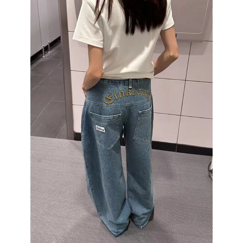 

Women's Retro Faded Hole Straight Leg Denim Jeans Summer New Korean Version Washed High Waist Draped Loose Wide Leg Long