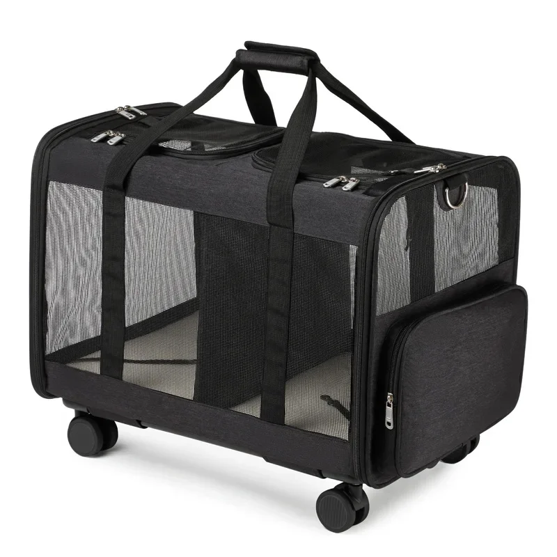 Portable Cat Bag with Detachable Wheels Mesh Window Double Compartment Trolley Bag Travel Rolling Carrier Dog Travel