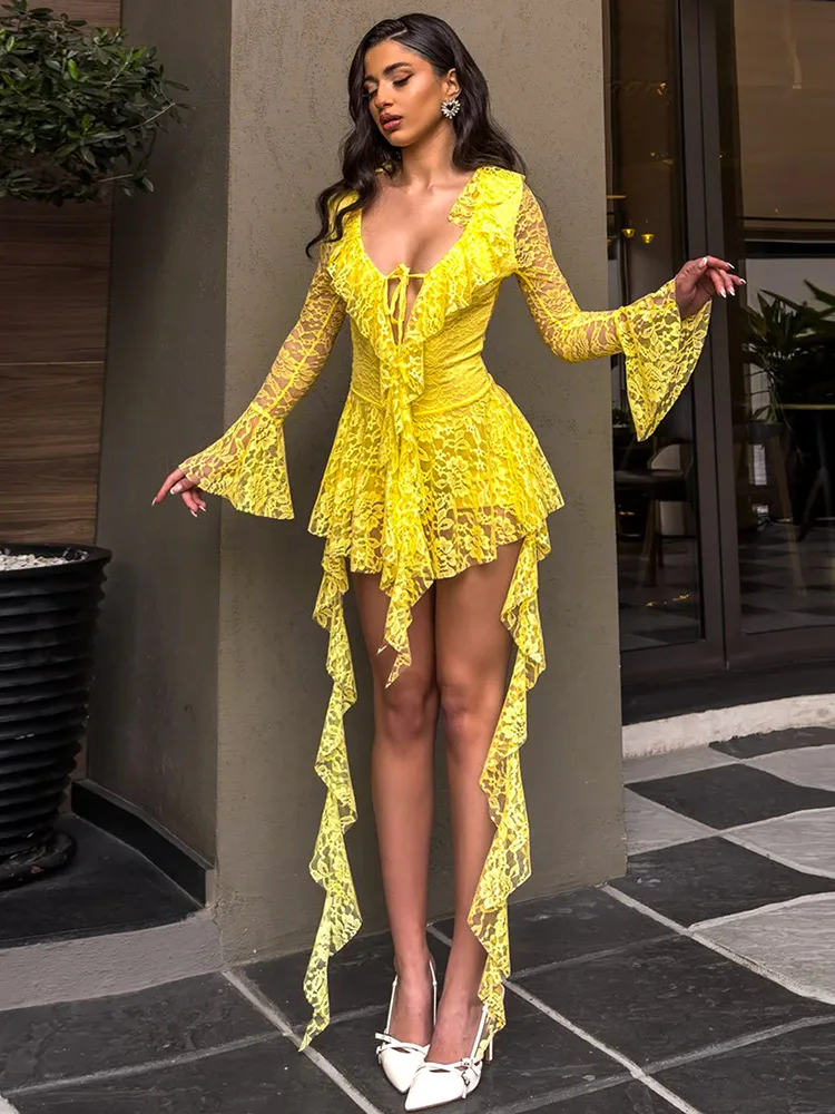 

Sexy Lace Ruffle Dress Lady Party Mini Evening Elegant Dresses Women Summer Clothes Luxury Sexy Bodycon V Neck Yellow Dress