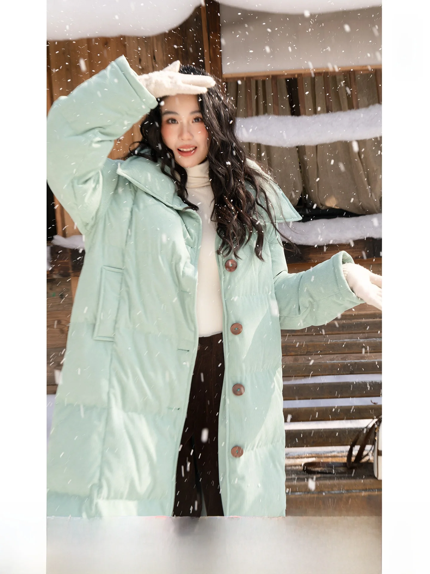 

BUD Mint Cotton Candy Corduroy Du down Jaet Knee-Length Thi Warm Winter Coat Long Sve Button Closure Regular Length