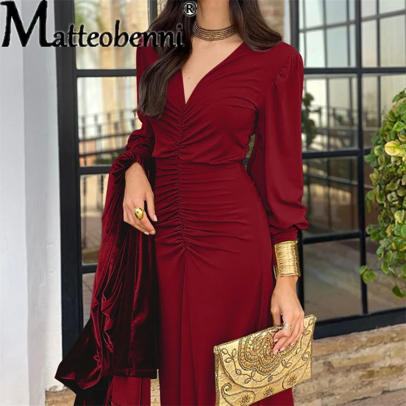 

Women Sexy French Style Vintage V Neck Waist Dress Office Lady Wine Red Elegant Long Dress Spring Autumn Female Street Clothing