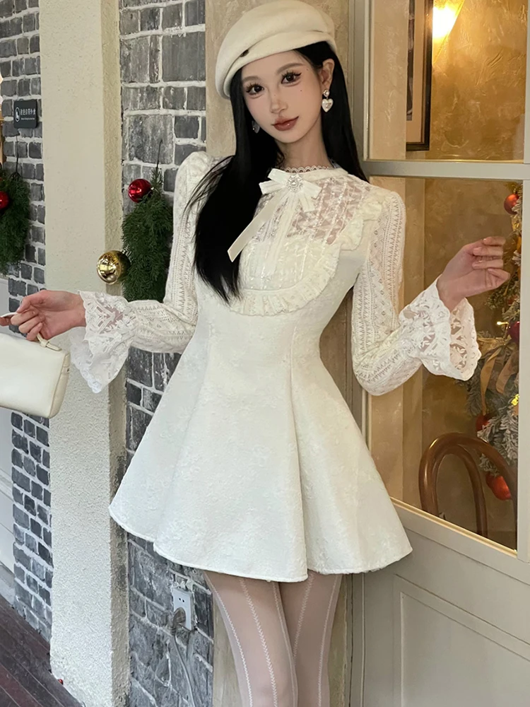 Herfst Winter Witte Jacquard Patchwork Kant Lange Mouw Jurk Vrouwen Koreaanse Chic Boog Kraag Jurk 2025, Elegante Chic Kawaii Jurk