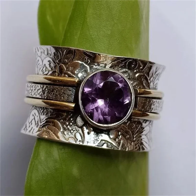 Cincin kristal ungu gaya etnis Vintage baru 2023 untuk wanita perhiasan kustom pesta kreatif tekstur ranting warna perak antik