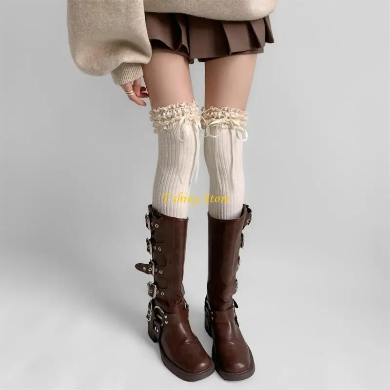 N58F النساء اليابانية طالب شتاء دافئ القطن فوق الركبة جوارب طويلة أنيقة تكدرت الدانتيل أعلى Bowknot الفخذ العليا جوارب #4