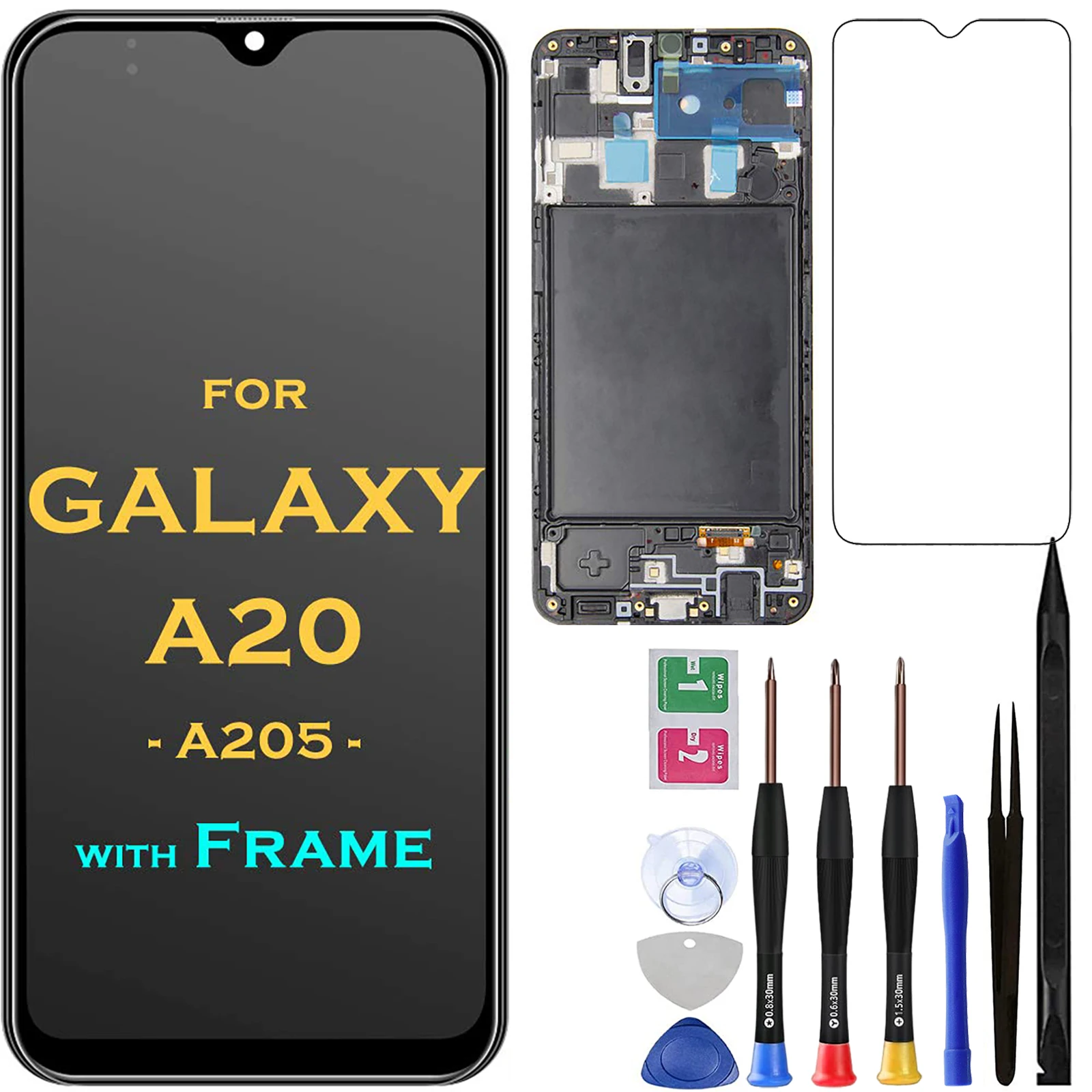 Screen Replacement for Samsung A20 with Frame, LCD Display Assembly, Repair Tool Included