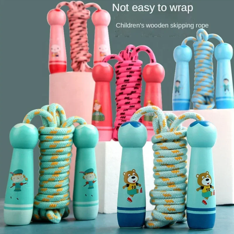 Primary School Children Kindergarten Beginner Boys and Girls Skipping Rope Adjustable Cotton Rope Children's Wooden Handle Skipp