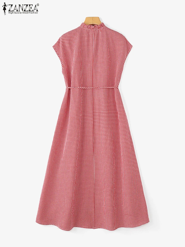 ZANZEA Summer Sleeveless Plaid Checked Dress Elegant Women Midi Dresses Work Sundress Casual Holiday Robe O Neck Loose Vestidos