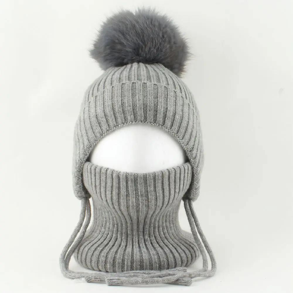 winter-set-kids-knitted-cap-scarf-real-fur-ball-decorated-warm-fleece-lined-ear-protection-thick-stretchy-beanie-for-danchaofan