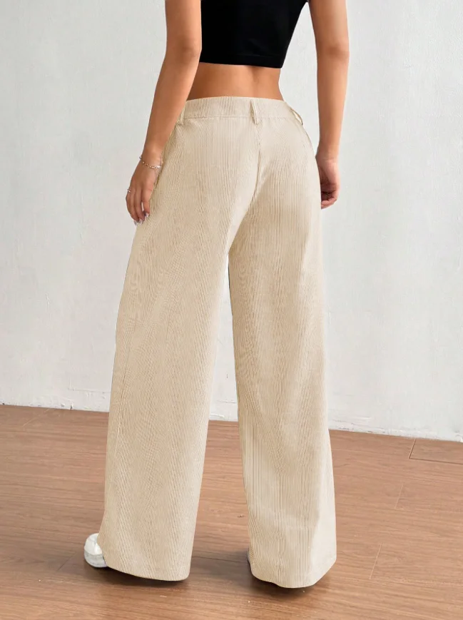 Women Corduroy Wide Leg Pants High Waist Front Patch Pockets Button Fly Loose Straight Leg Vintage Casual Trousers