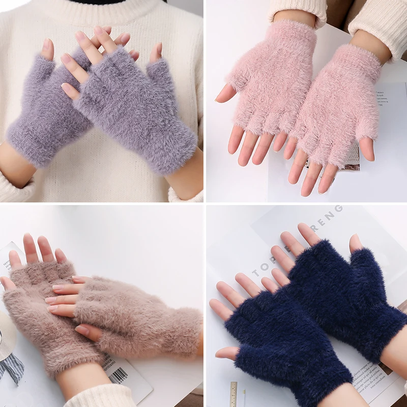 Gants en vison demi-doigt pour l\'extérieur, mitaines sans doigts, chauffe-bras extensibles, moelleux, peluche, main, poignet, automne, hiver,