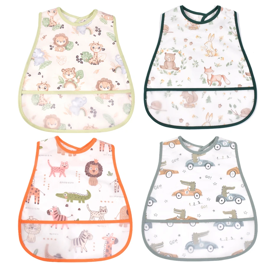 

4Pcs/Set Cute Cartoon Pattern EVA Baby Bibs Adjustable Dirt Proof Waterproof Baby Bibs Big Pocket Burp Cloths for Girls Boys