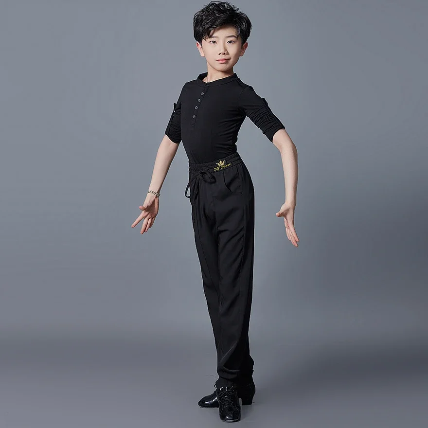 

Kids Latin Performance Dance Costume Black Shirt Ballroom Dance Pants For Boys National Standard Latin Dancing Clothes SL6599