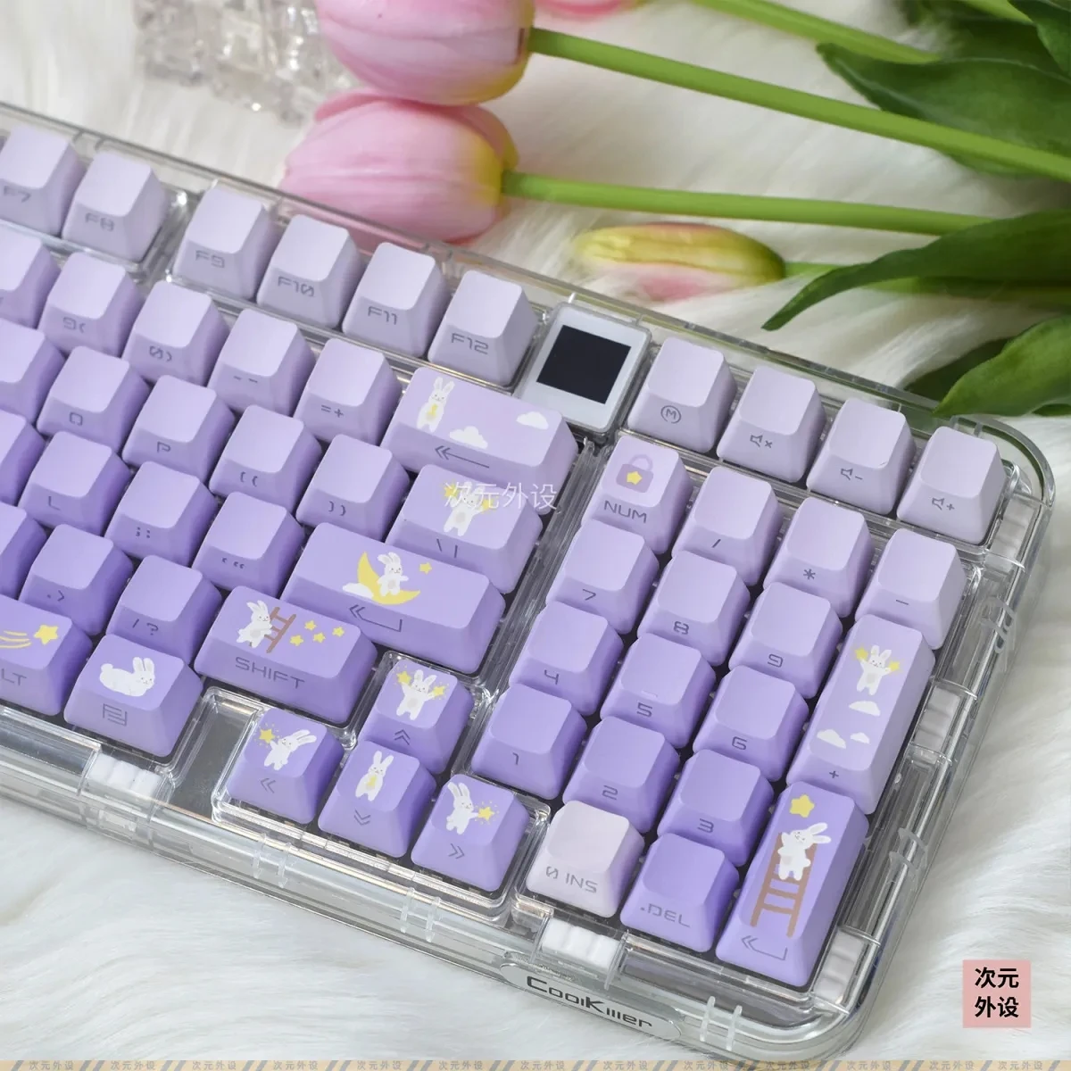 Purple Rabbit Keycaps Side/Top Print Keycaps Cute OEM Profile Backlit Transparent Keycap PBT For GK61 68 87 104 Keys keyboards