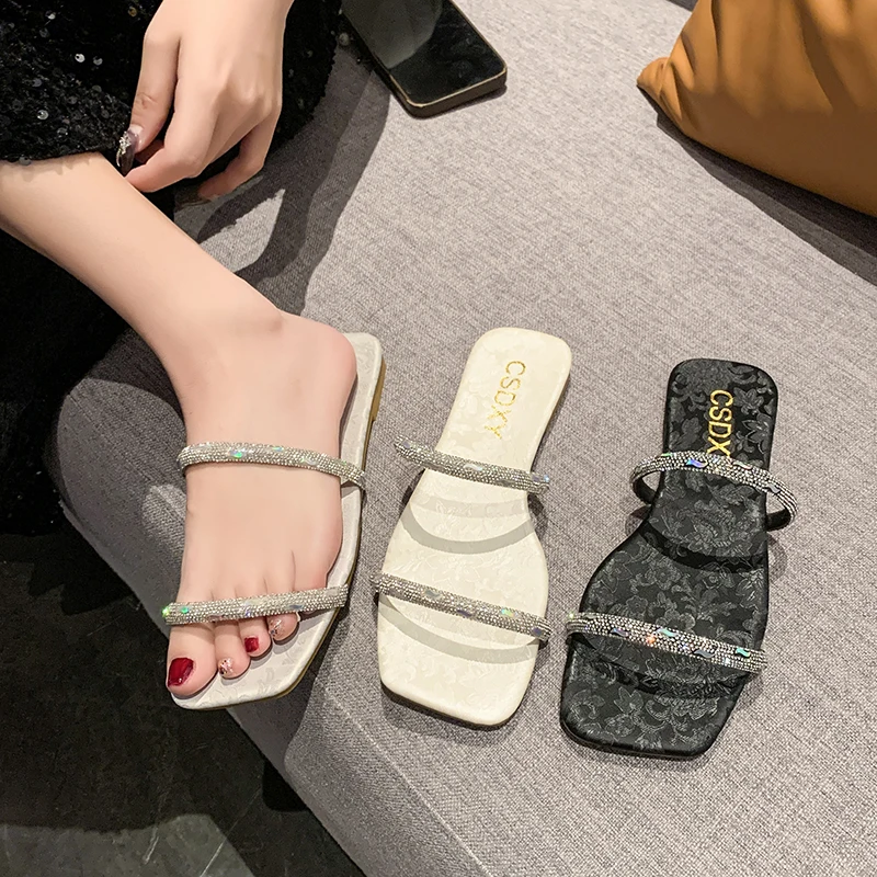 Women High Heels Crystal Rhinestone One Line Slippers Summer Fashion Sexy Party Ladies Shoes Open Toe Slip on Slippers