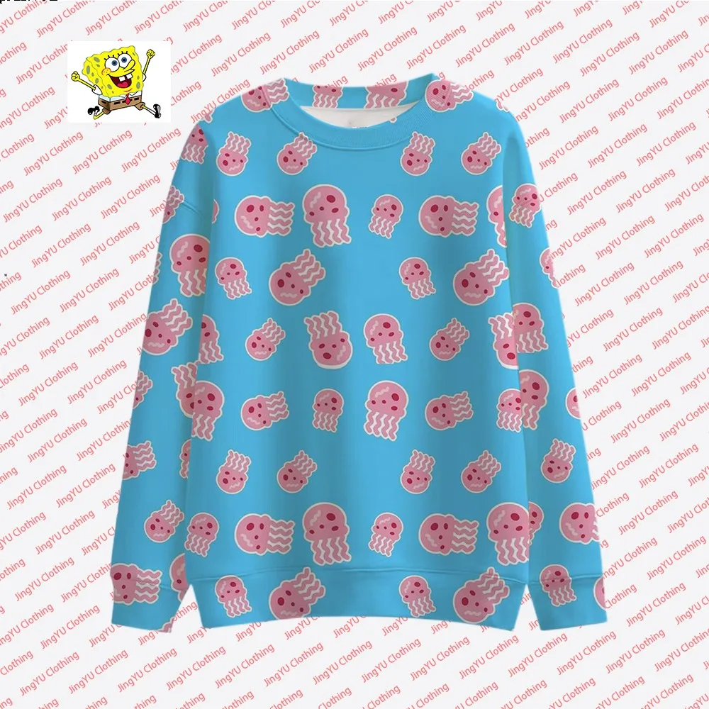 2023 Autumn New Harajuku Street Fashion Casual Tops Round Neck Pullover Children\'s Cute Spongebob Animation Printed Pullover