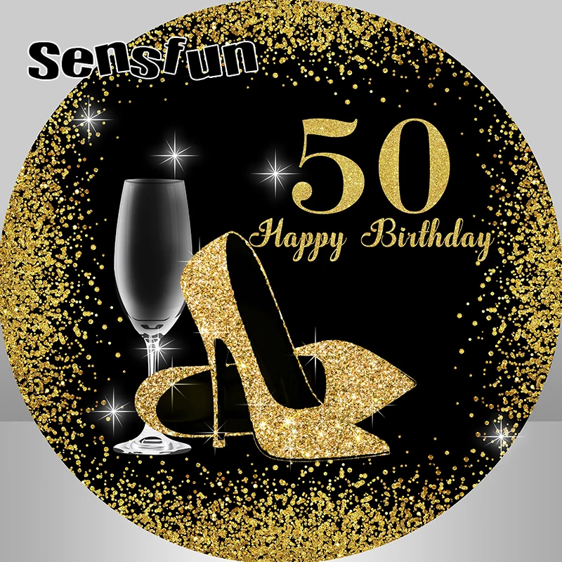 الذهب الأسود الكبار حفلة عيد ميلاد خلفية مستديرة النبيذ الكعوب الذهب بريق سيدة 50th عيد ميلاد دائرة خلفية استوديو الصور