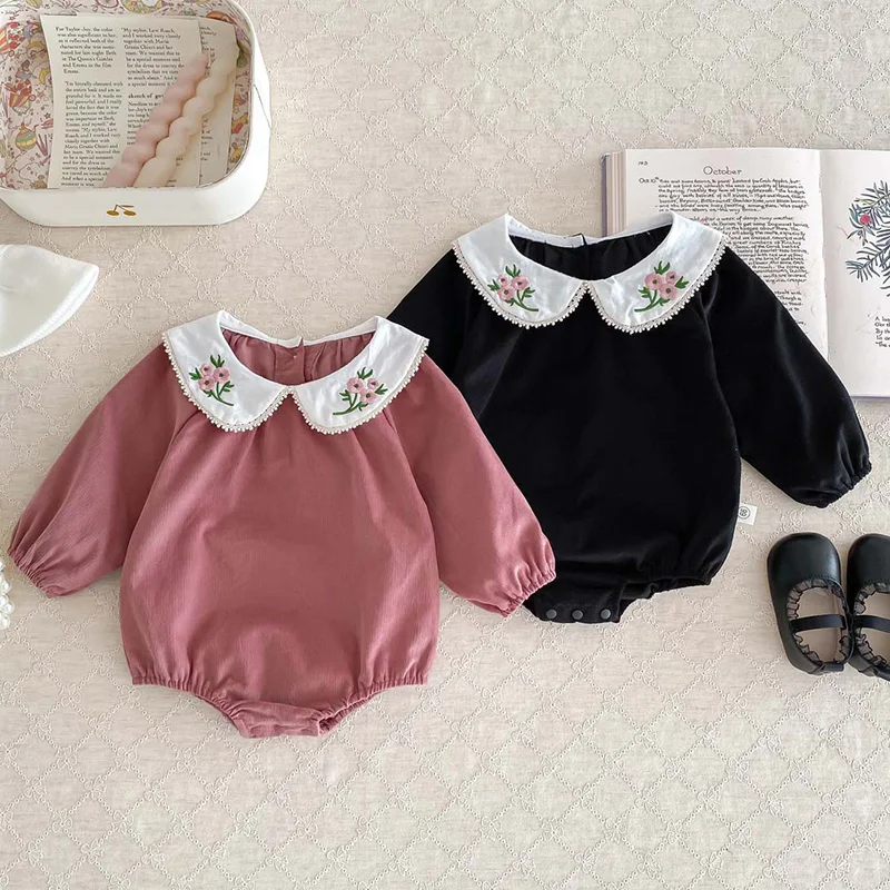 

2024 New Spring 0-24M Children Clothes Newborn Baby Girls Bodysuits Long Sleeved Corduroy Embroidery Korean Style Climbing Suit