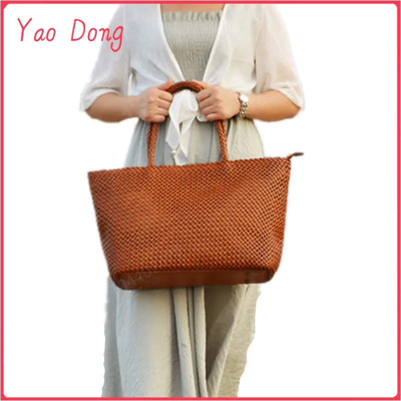 Yao Dong 100% Genuine Leather Women Shoulder Bag summer Casual Inner Fabric Shopping Bag Vintage Tote Bag Cowhide hollow woven b