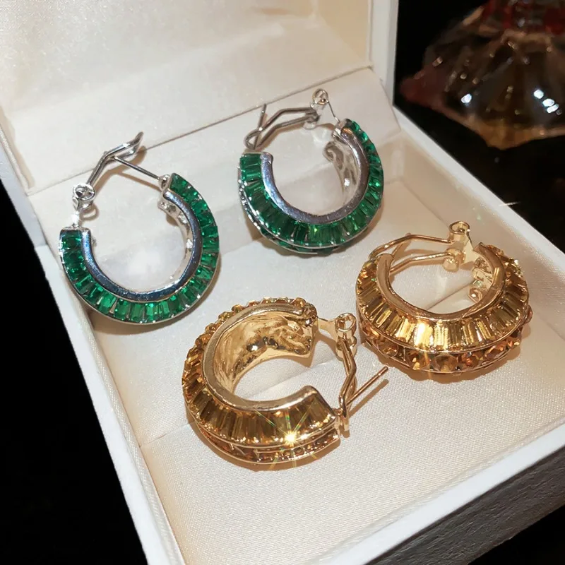 Minar Delicate Coffee Green Color Rhinestones C Shaped Hoop Earrings for Women Gold Silver Plated Alloy Party Every Day Jewelry - Detail 1