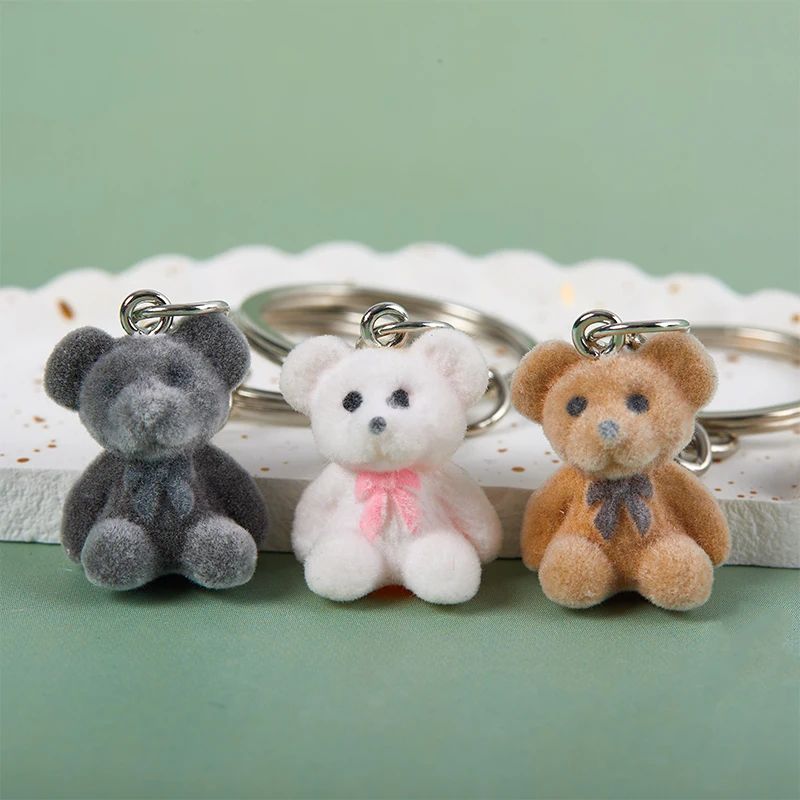 1PC 3D Cartoon Flocking Bear Keychain Bear Key Ring Animal Key Chains Souvenir Gifts For Women Men Car Keys DIY Jewelry