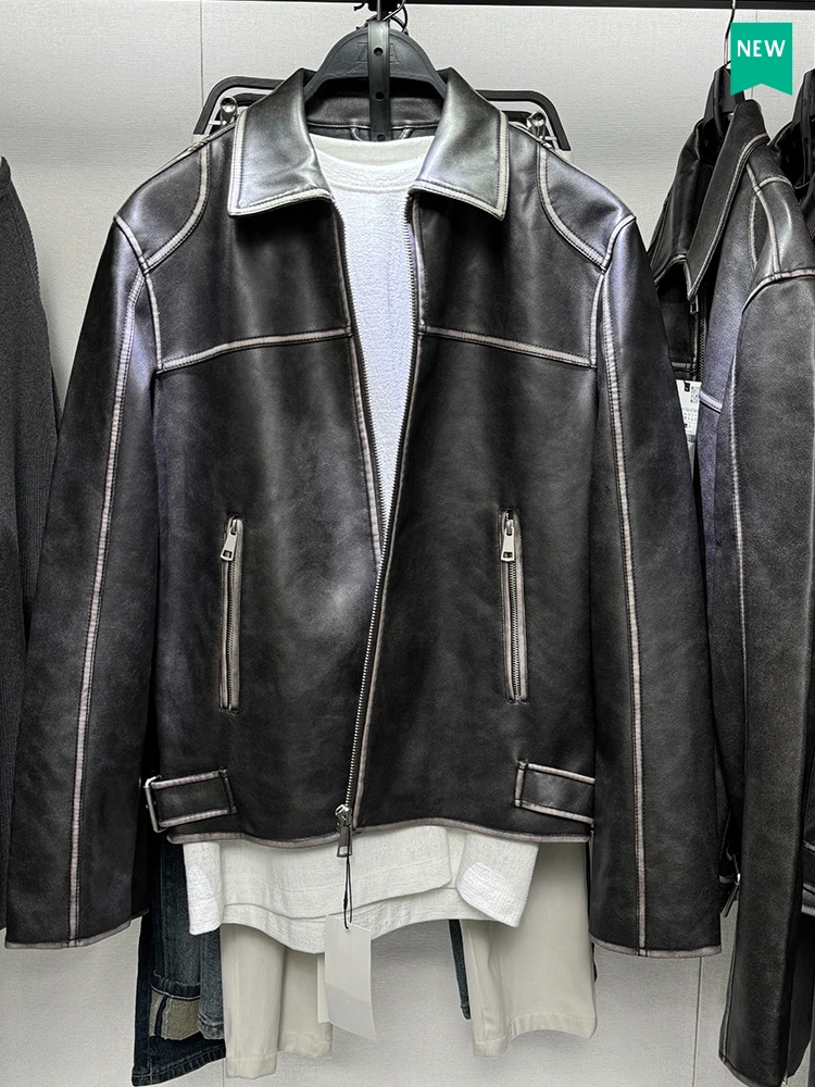 

Retro Waed PU Leather Jaet for Men Vintage Sle Biker Collar Outerwear Youth Trend Autumn Winter Faion Windproof Zipper
