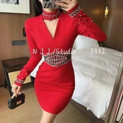 Designer Women Diamonds Hot Rhinestones Cut Out Waist Long Sleeve Bodycon Midi Dress Sexy Party Club Night Notched Neck Dresses