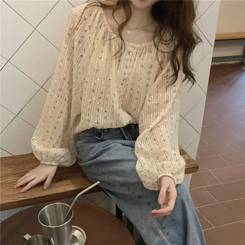 Temperament Floral Loose Blouse Summer New Long Sleeve Button All-match Printing Korean Shirt Tops Fashion Sweet Women Clothing