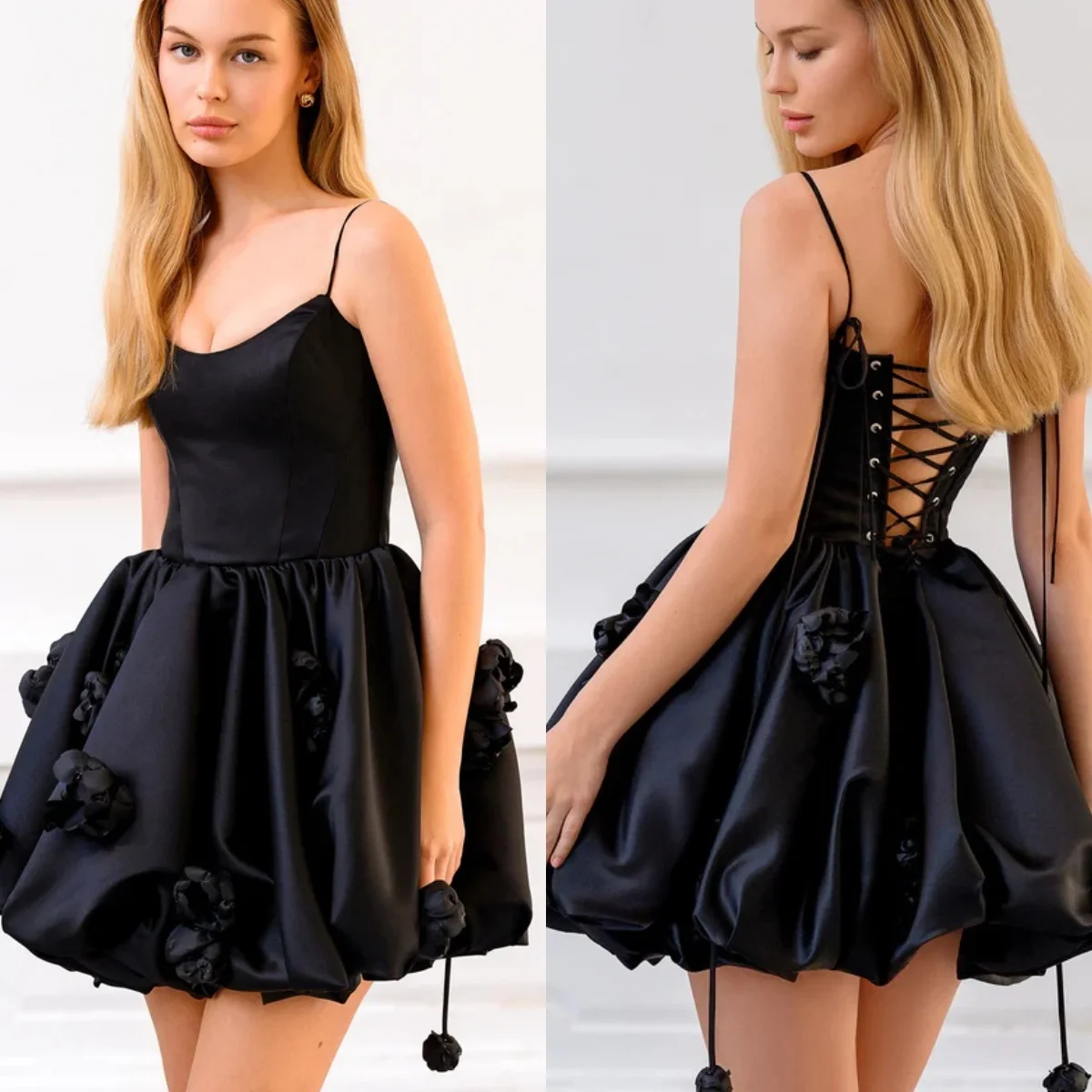 Mini Black Prom Dresses Floral Sexy Party Gowns Spaghetti Neck Evening Cocktail Dress Customized