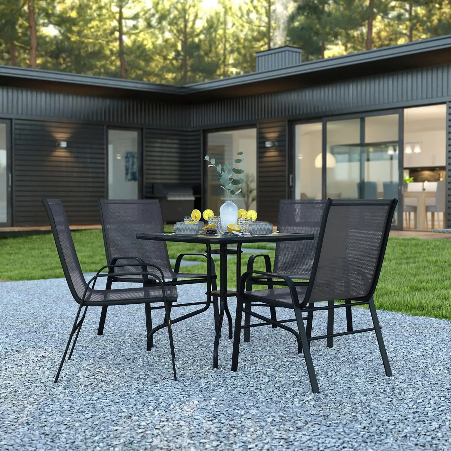 Brazos Series 5-Piece Glass Patio Table and Chairs Set, Outdoor Patio Dining Set with Square Table and 4 Sling Patio Chairs