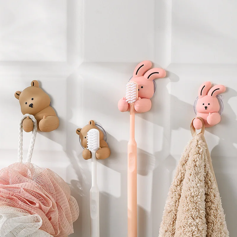 Cartoon Rabbit Toothbrush Holder Wall-mounted Suction Cup Silicone Hook Sundries Storage Rack Bathroom Accessories