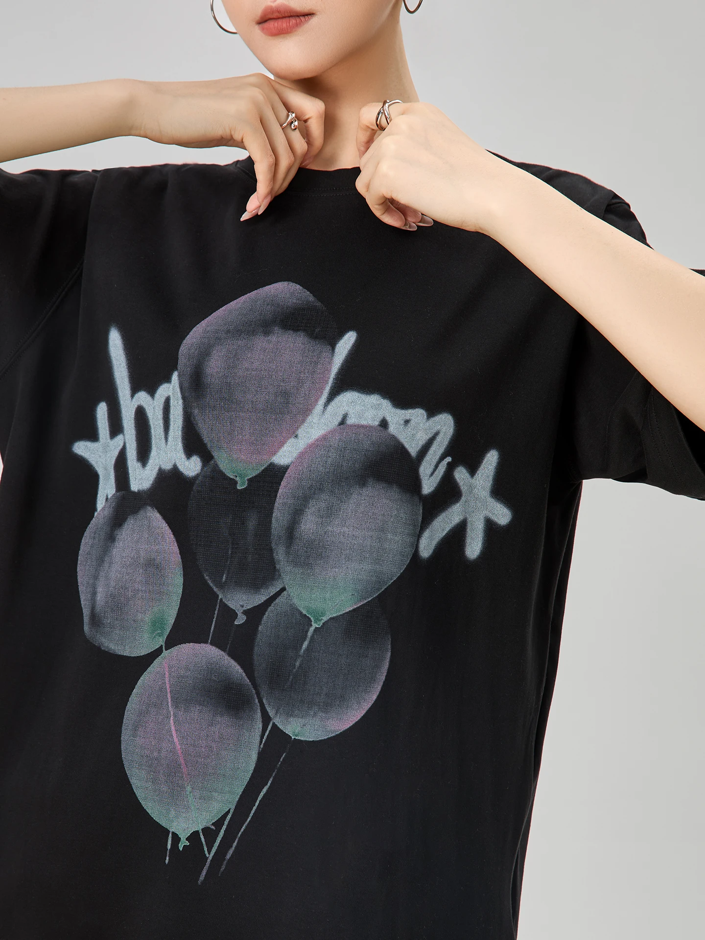 

Bla Balloon Print Loose ort Sve T-irt Women's Summer Faion Top Korean Sle Straight Cut Polyester Blend Tee