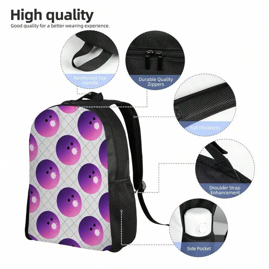 Retro Bowling Pattern Large Capacity Casual Backpack Durable Polyester Adjustable Straps For Adults