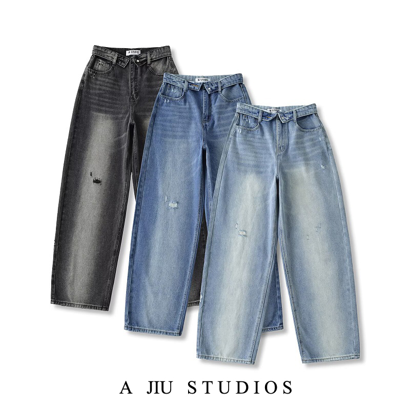  American Retro Cuffed High Waist Slimming Casual Denim Jeans Women's Autumn Versatile Loose Straight Leg Floor-Length Pants 