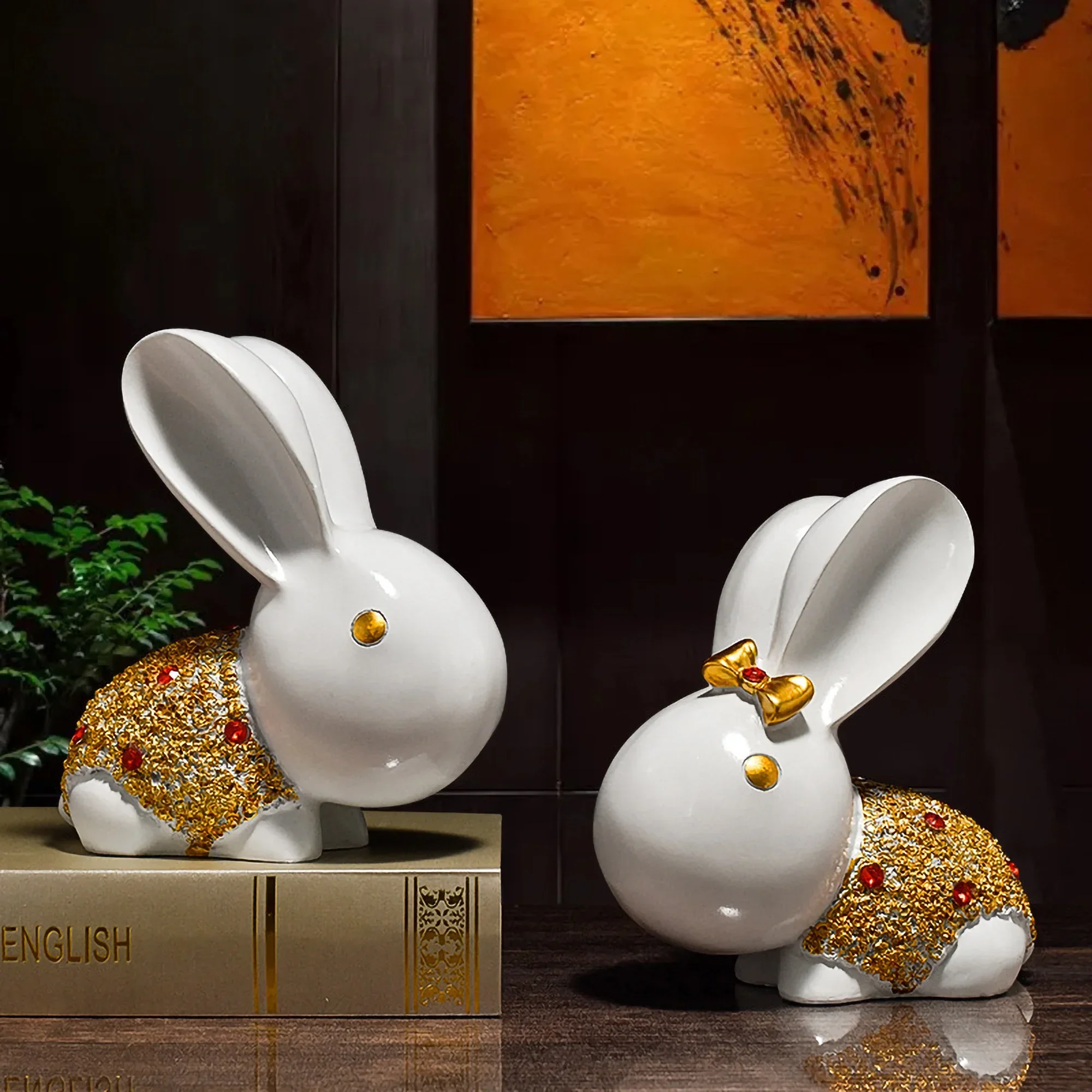 

A Pair Of Modern Design Rabbit Couple Ornament Good-looking Artwork Auspicious Animal Figurine Vintage Home Decoration