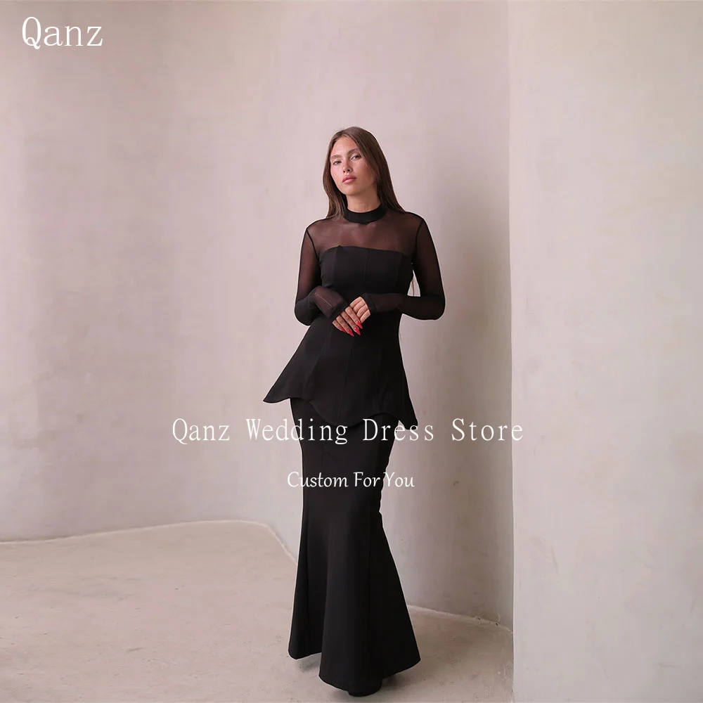

Qanz Black 3-piece Set Evening Dresses Mermaid Sheer Long Sleeves Vestidos De Fiesta Elegantes O Neck Party Gowns Customized