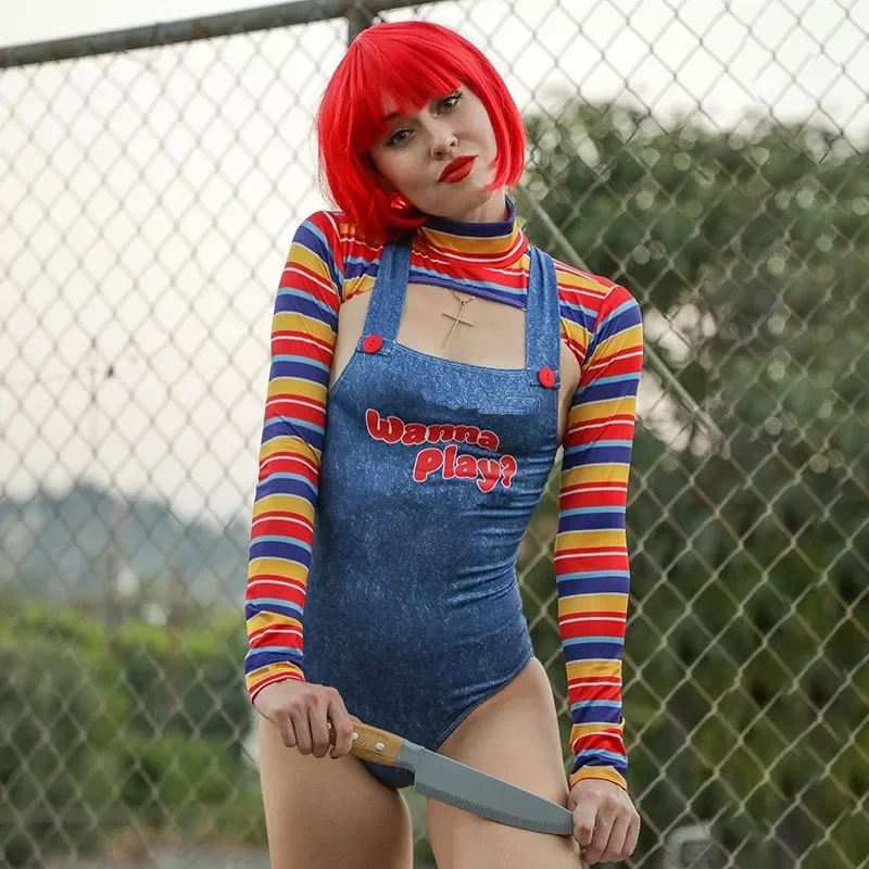 Disfraz de muñeca Chucky de película para mujer adulta, disfraz de pesadilla aterradora, asesino, quiero jugar, Top, mono, traje, uniforme de Halloween